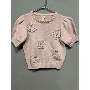 Greige Sweater Women Medium Pink Puff Short Sleeve 3D Floral Crochet Cottagecore